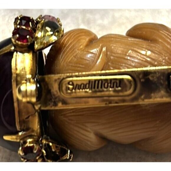 Vintage Leadwood Hear NothingMonkey Brooch With Gemstone Accents By Inadimoini - Picture 5 of 10